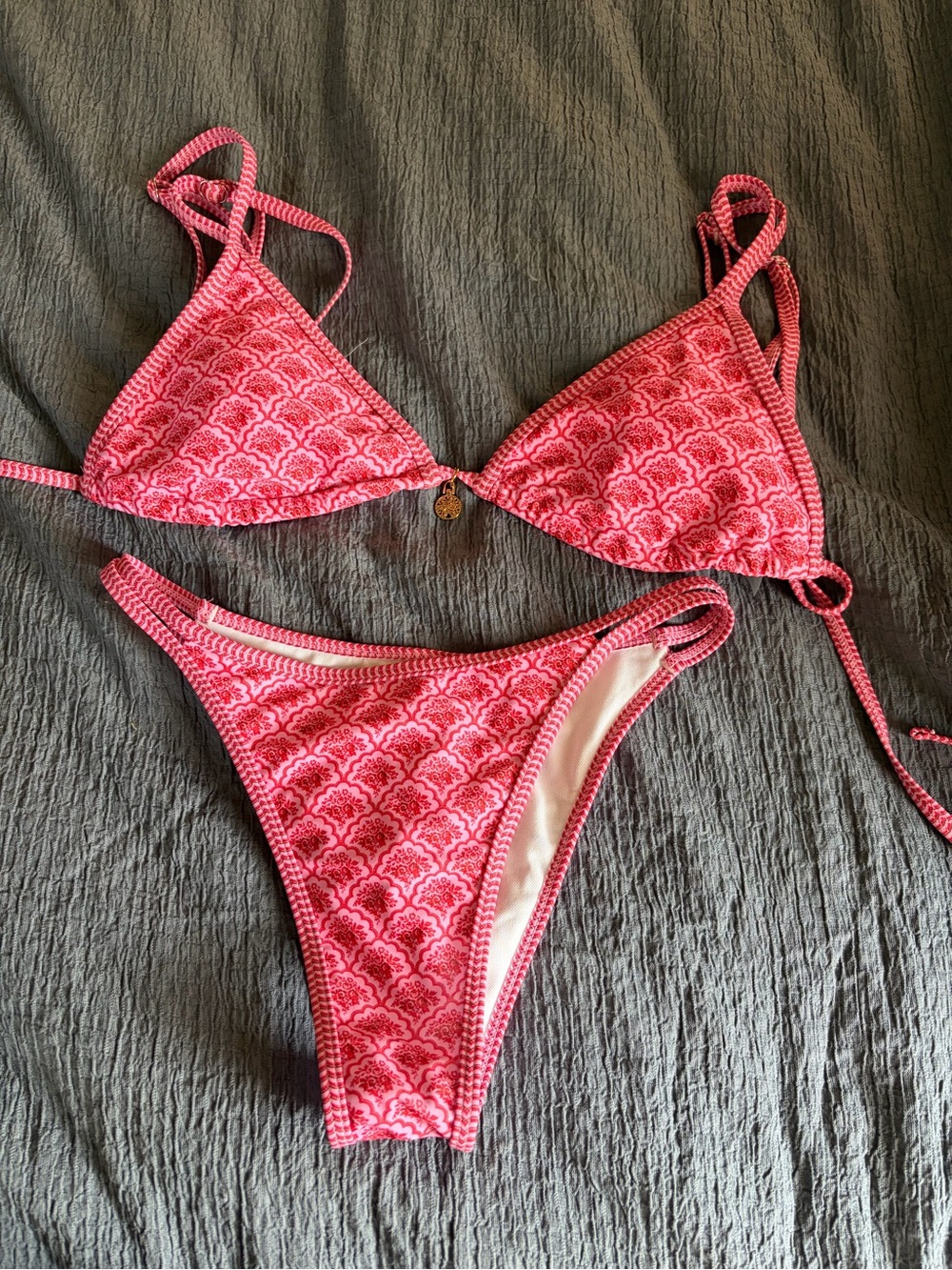 Pink Patterned Triangle Bikini Set - Women's Swim
